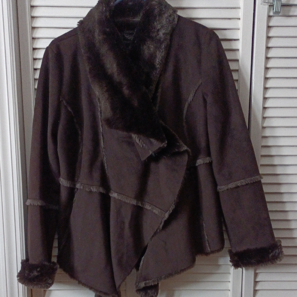 Denim&Co Dark Brown Teddy Jacket with Fa